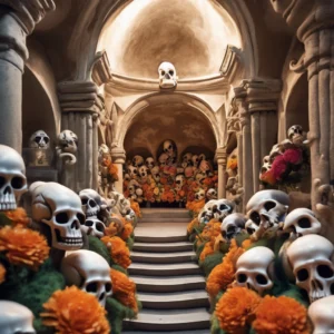 Interior of the Capuchin Crypt in Rome showing artistic bone arrangements and chandeliers made from human remains