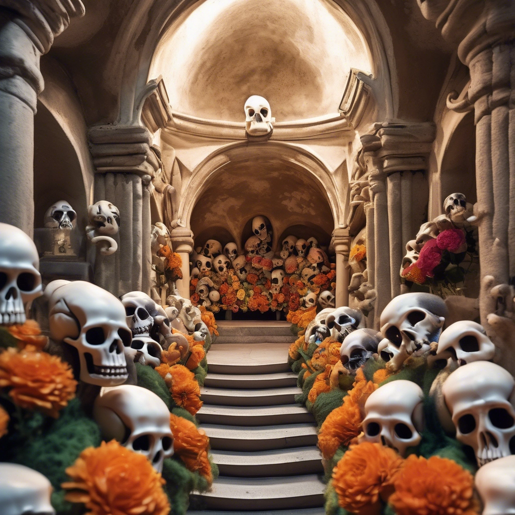 Interior of the Capuchin Crypt in Rome showing artistic bone arrangements and chandeliers made from human remains