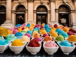 Delicious Italian gelato scoops in colorful flavors served in a cone, Rome, Italy