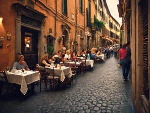 Street view of San Lorenzo in Rome with colorful murals, locals walking, and historic buildings in the background