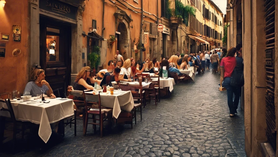 Street view of San Lorenzo in Rome with colorful murals, locals walking, and historic buildings in the background